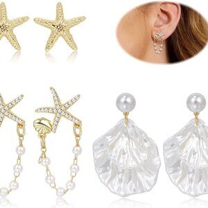 Set of 3 Gold Starfish and Shell Dangle Earrings for Women, Beach Inspired Trend